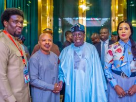 President Bola Tinubu, Comrade Joe Ajaero, President of the Nigeria Labour Congress (NLC), and Comrade Festus Osifo, his Trade Union Congress (TUC) counterpart, Hon. Nkeiruka Onyejeocha, Minister of State for Labour, after the meeting at the State House on Thursday.