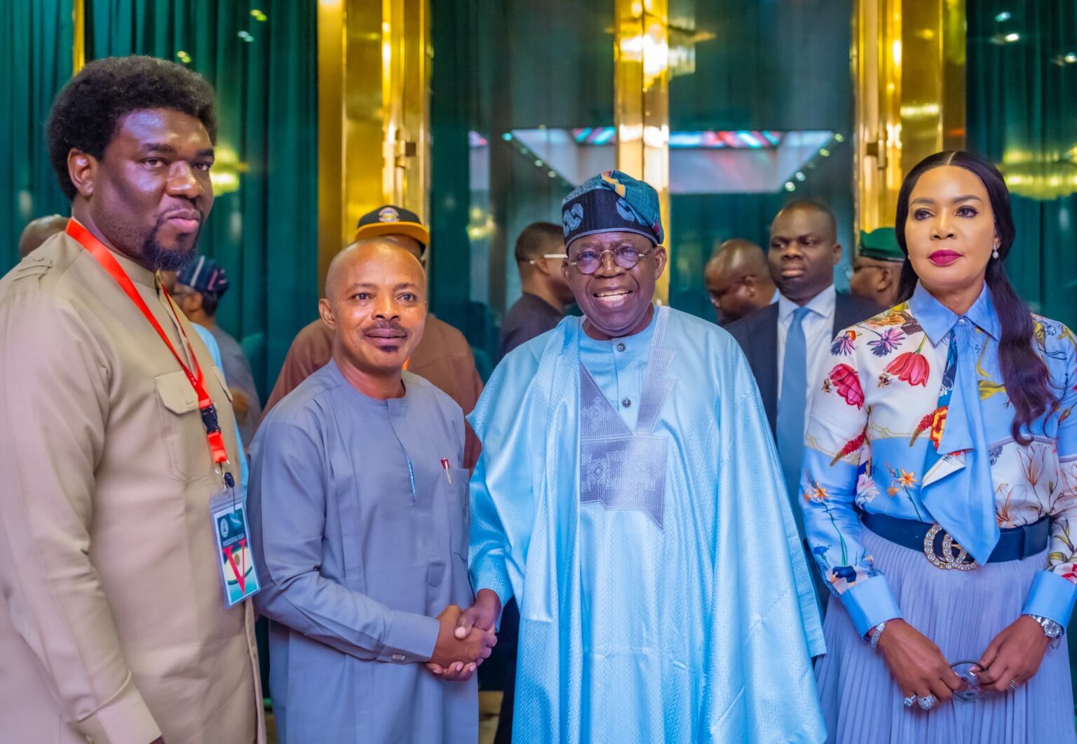 President Bola Tinubu, Comrade Joe Ajaero, President of the Nigeria Labour Congress (NLC), and Comrade Festus Osifo, his Trade Union Congress (TUC) counterpart, Hon. Nkeiruka Onyejeocha, Minister of State for Labour, after the meeting at the State House on Thursday.