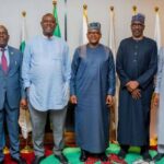 (L-R) Mr Gbenga Komolafe, Commission Chief Executive, Nigerian Upstream Petroleum Regulatory Commission (NUPRC),Sen Heineken Lokpobiri, Minister of Petroleum Resources (oil), Mr Aliko Dangote, Chairman/CEO, Dangote Group, Mr Mele Kyari, Group Chief Executive Officer of the Nigerian National Petroleum Company Limited (NNPC Ltd.), Mr Farouk Ahmed, Authority Chief Executive, Nigerian Midstream and Downstream Petroleum Regulatory Authority (NMDPRA) after a closed-door meeting to resolve Dangote Refinery Impass