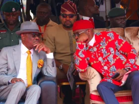 FCT Minister Nyesom Wike and the Deputy Speaker House of Representative Benjamin Kalu during the inauguration of CN2 Collector Road in Katampe, Abuja on Thursday.